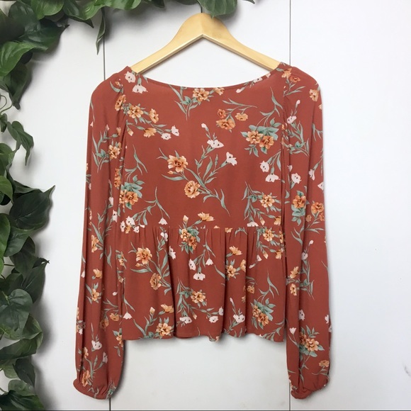 *SOLD*AEO Burnt Orange Floral Boho Blouse Cover Up - Picture 2 of 8
